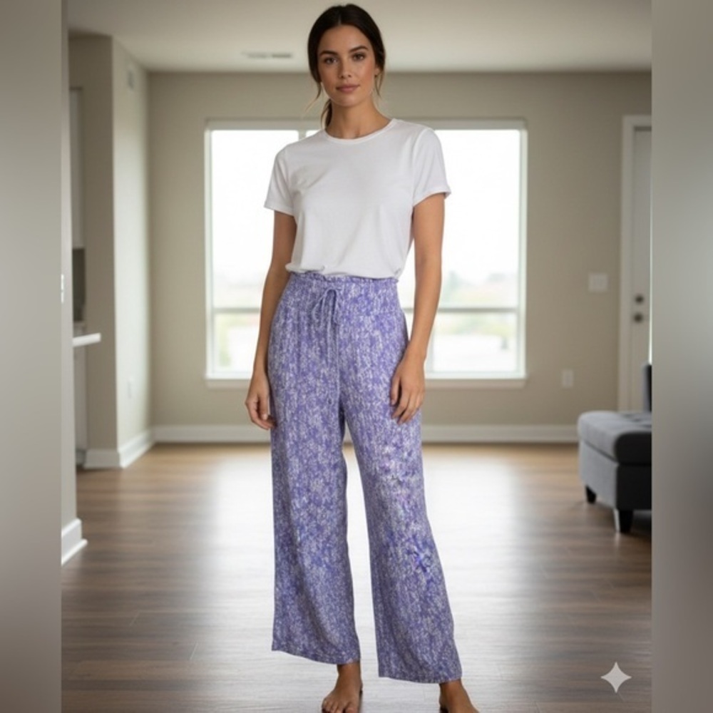Land N Sea Womens Medium Linen Purple White Print Wide Leg Pants M Resortwear
